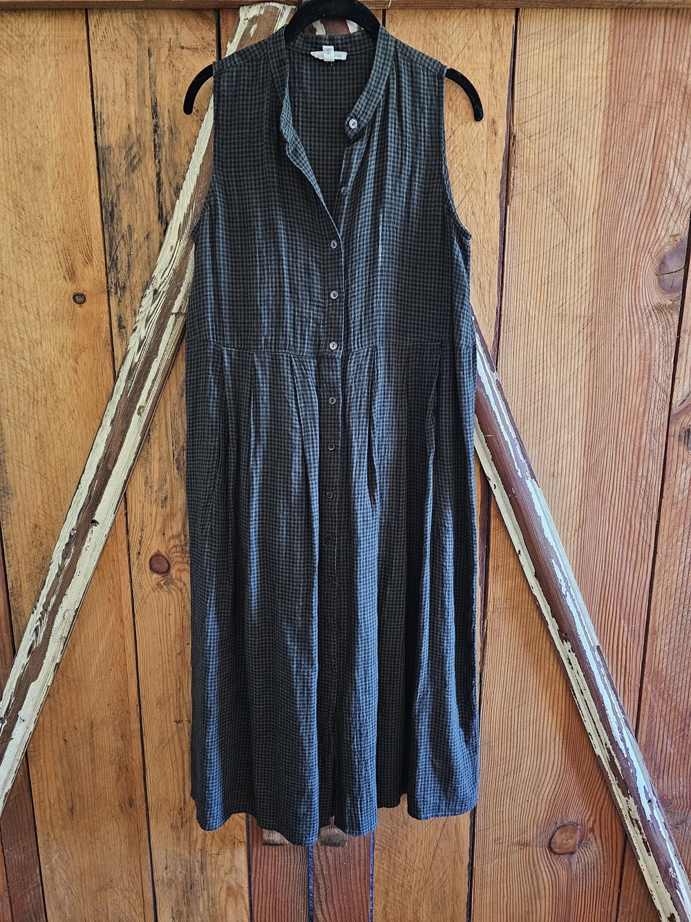 Eileen Fisher Olive and Black Gingham Midi Dress